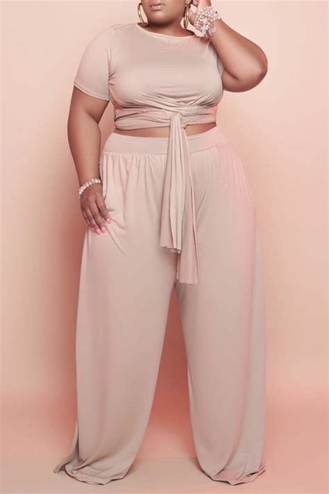 Nude Fashion Casual Solid Bandage O Neck Plus Size Two Pieces Plus Size