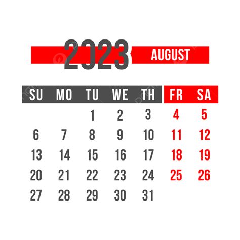 August 2023 Monthly Calender August 2023 August Calendar Png And