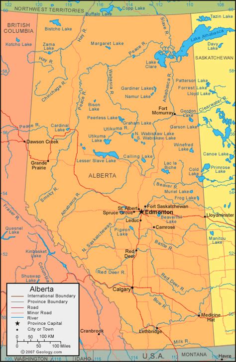 Alberta Map And Satellite Image Roads Lakes Rivers Cities Map
