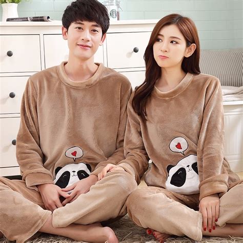 Autumn Winter Long Sleeved Couple Cartoon Panda Pyjamas Sets Women