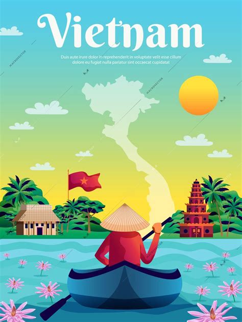 Vietnam Poster With Colored Landscape Map National Flag And Native In