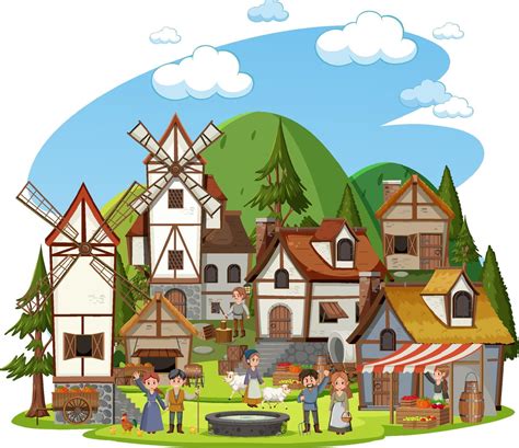 Medieval Village With Windmill And Villagers 3215898 Vector Art At Vecteezy