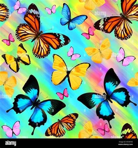 Seamless Pattern Of Colored Tropical Butterflies On Bright Color