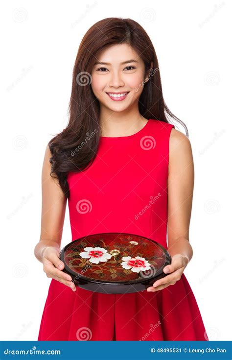 Woman Hold With Lunar Traditional Snack Tray Stock Image Image Of Asia Japanese