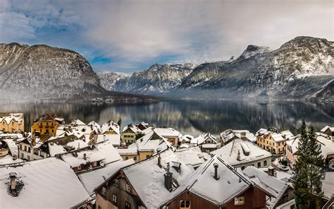Download Wallpapers The Lake Hallstatt Mountains The House Alps