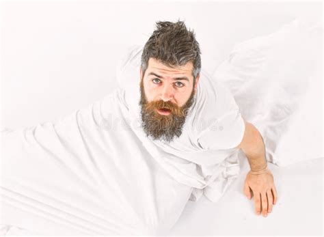 Man With Sleepy Face Sit In Bed White Sheets Stock Image Image Of Relax Face 138020913
