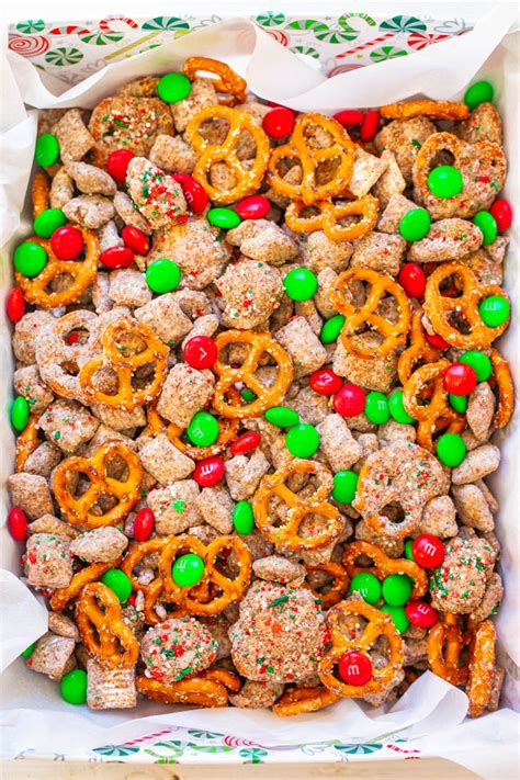 Puppy chow mix is a great holiday party snack. Reindeer Chow (aka Christmas Puppy Chow) - Averie Cooks