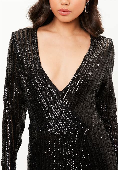 Lyst Missguided Black Sequin Plunge Long Sleeved Maxi Dress In Black