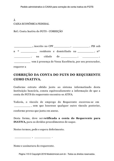 Modelo Pedido Administrativo à Caixa Para Correção De Conta Inativa Do Fgts