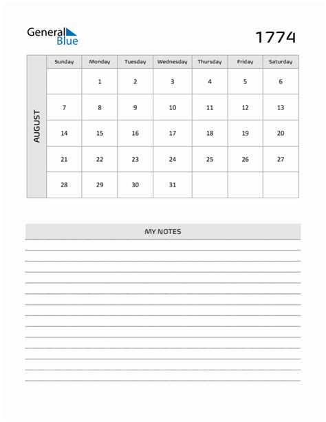 August 1774 Printable Monthly Calendar With Notes