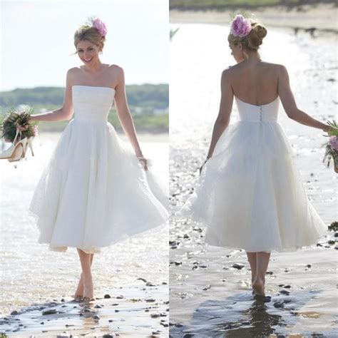 Discount White Cheap Best Short Beach Wedding Dresses A Line Plus Size Strapless Tea Length