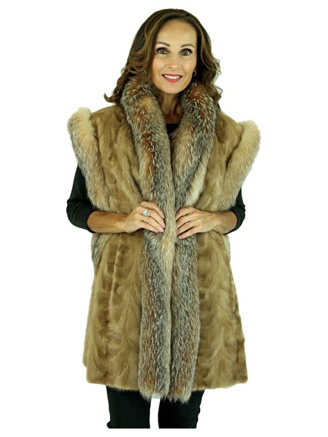 Plus Size Sculptured Autumn Haze Mink Fur Vest With Crystal Fox Trim