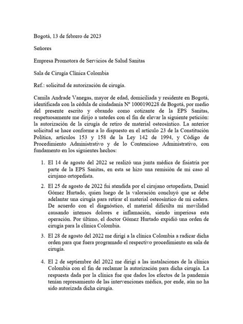 Modelo Derecho De Petición Pdf Cirugía Colombia