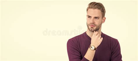 handsome guy with unshaven face hair look thoughtful in casual style isolated on white serious
