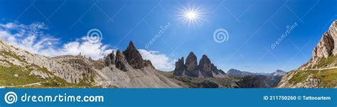 Super Panorama Of The Famous Three Peak Of Tre Cime Di Lavaredo Stock