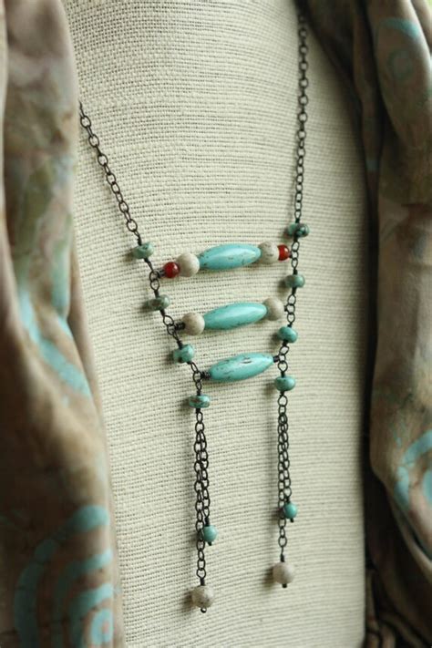 Turquoise Tribal Inspired Dangle Necklace Long Necklace Carnelian