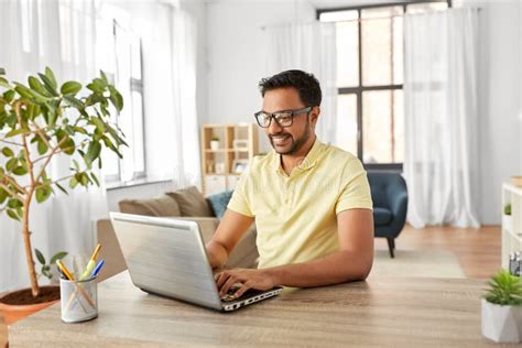 Indian Man With Laptop Working At Home Office Stock Image Image Of