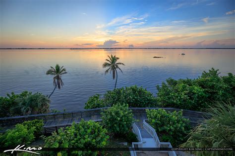 Indian Riverside Park Sunrise Coconut Trees And Water Royal Stock Photo