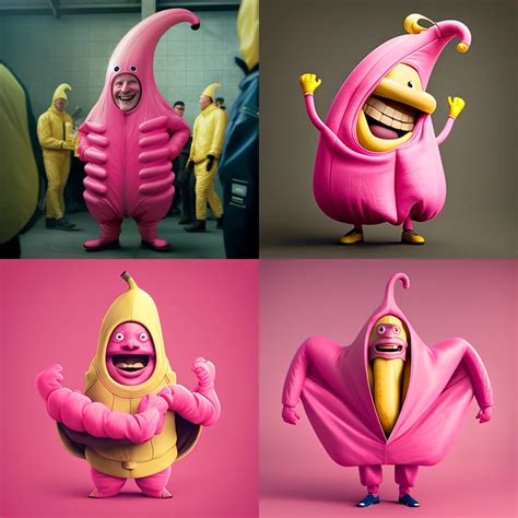 Prompt Pink Person In Big Banana Suit Smilingdetailed Download Script For Ai Promptiai