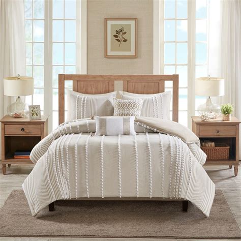 3pc Oversized Taupe And White Textured Stripe Comforter And Decorative