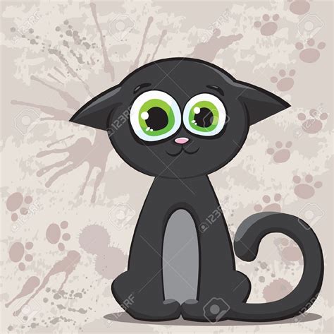 Gracioso Gatito Negro De Dibujos Animados Con Grandes Ojos Verdes Sobre