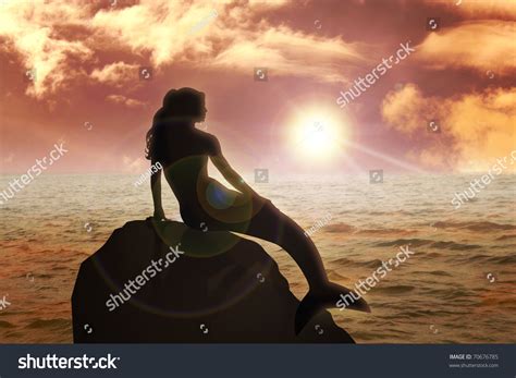 Mermaid Sitting On Rock During Sunset Stock Illustration 70676785 Shutterstock