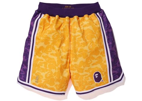 Bape X Mitchell And Ness Lakers Abc Basketball Authentic Shorts Yellow