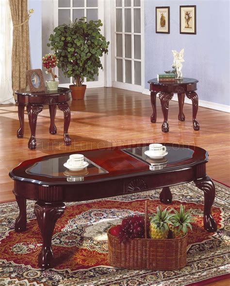 Rich Cherry Traditional 3pc Coffee Table Set Wglass Inserts