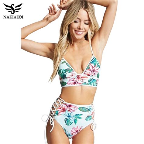 Nakiaeoi 2018 Sexy Bandage Bikini Women Push Up Swimwear High Waist Swimsuit Print Brazilian