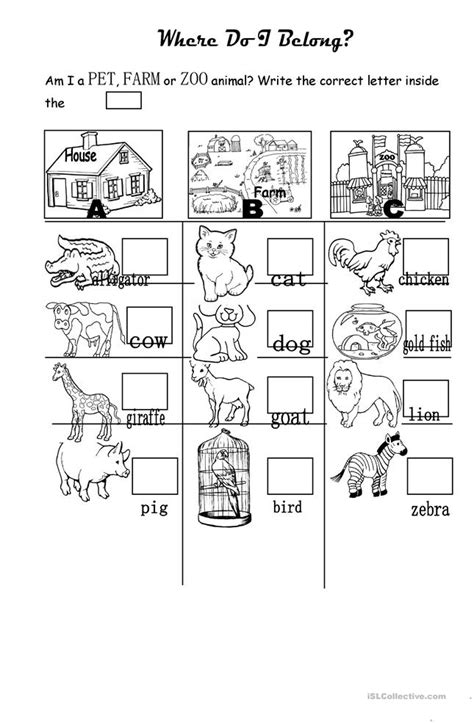 PET, FARM, or ZOO/WILD Animals worksheet - Free ESL printable