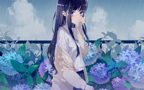 Wallpaper Anime Girl Emotional Flowers Tears Crying Raining Black