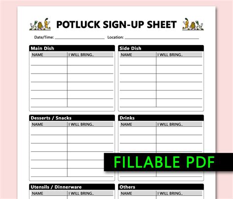 Potluck Sign Up Sheet Printable Fillable Pdf Bring And Share Etsy