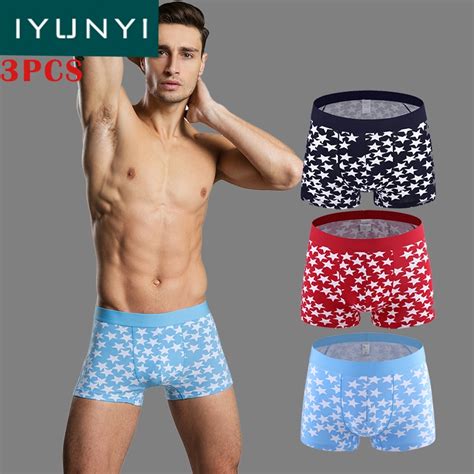 Iyunyi 3pcslot Men Fashion Underwear Star Printed Cotton Mens Boxers Shorts U Convex Pouch