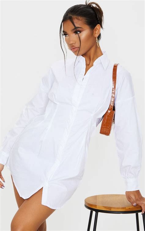 White Fitted Waist Shirt Dress Long Sleeve Shirt Dress Fashion Long