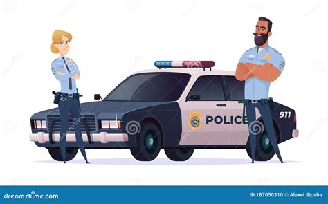 Cartoon Police Officers Man And Woman Team Public Safety Officers With