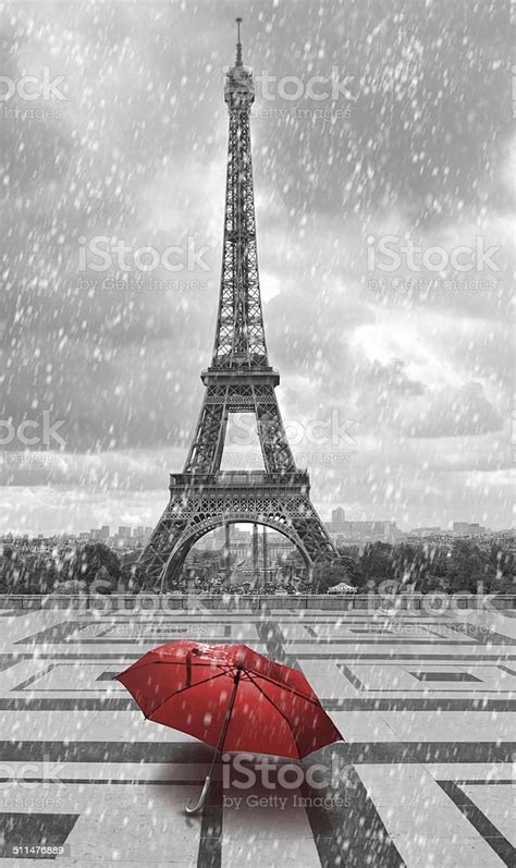 Eiffel Tower In Rain Black White Photo With Red Element Stock Photo