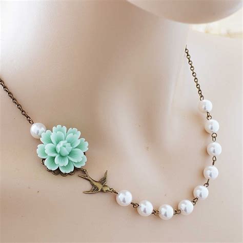 Sakura Flower With Swallow Bird And Swarovski Pearls Necklace Many