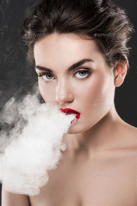 Stylish Naked Woman Blowing Smoke Isolated On Grey Stock Photo By