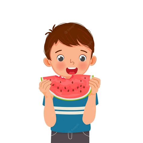 Premium Vector Cute Little Boy Eating Watermelon On Sunny Day In