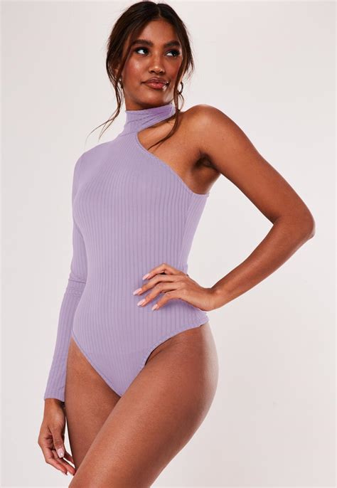 Lilac Rib High Neck Cut Out One Shoulder Bodysuit Missguided