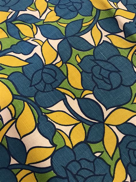vintage blue floral fabric 1960 s mod mid century etsy floral fabric fabric floral
