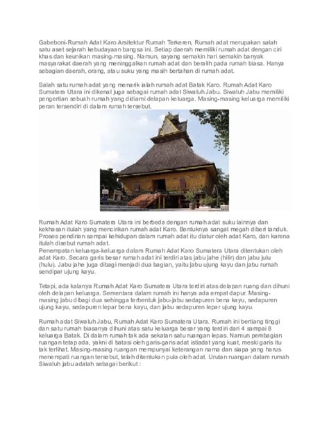 Rumah adat batak menggunakan fondasi tipe cincin, yaitu tipe yang menjadikan batu sebagai tumpuan kolom kayu yang ada di atasnya. (DOC) Rumah adat batak karo | yusuf utomo - Academia.edu