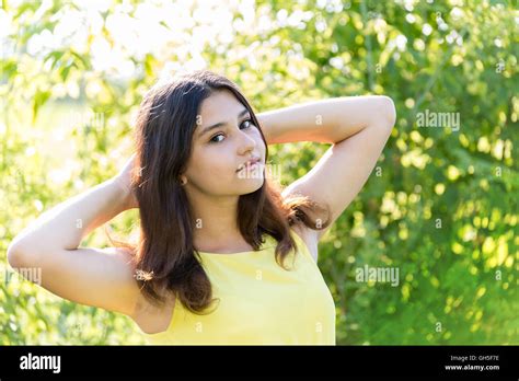 Portrait Of 14 Year Old Girl Outdoors On A Sunny Day Stock Photo Alamy