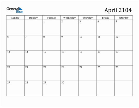 April 2104 Monthly Calendar