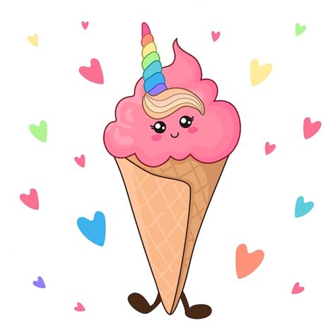 Premium Vector Cartoon Kawaii Unicorn Ice Cream Card Or Poster
