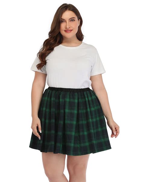 Hde Plus Size Plaid Skirt Lingerie Pleated Mini Skater Skirts Green