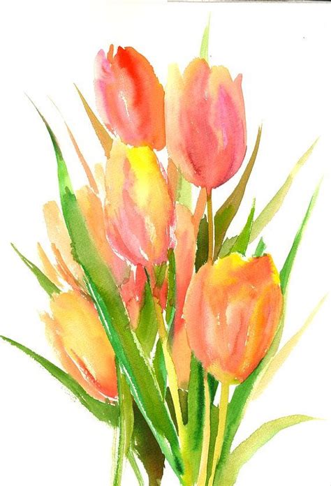 Pink Orange Yellow Tulips Original Watercolor Painting 16 X Etsy