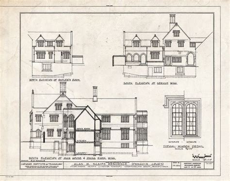 An Old Architectural Drawing Shows The Front And Side Views
