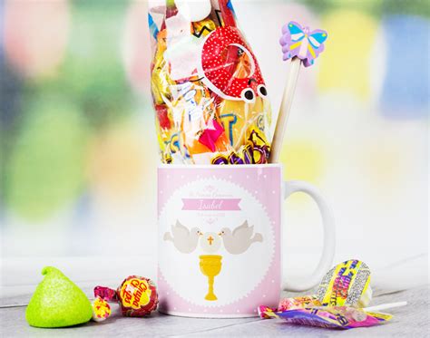 Taza de comunión rosa + bolsa de chuches