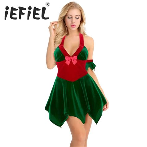Iefiel Women Soft Velvet Christmas Party Dress With Arm Cuffs Fancy Xmas Costumes Christmas